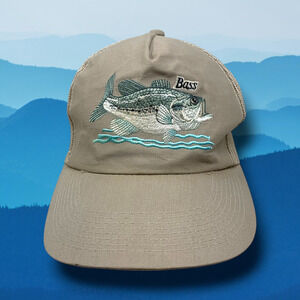 Vintage BASS Embroidered Tan Snapback Cap Dad Trucker Hat Adjustable Mesh Back